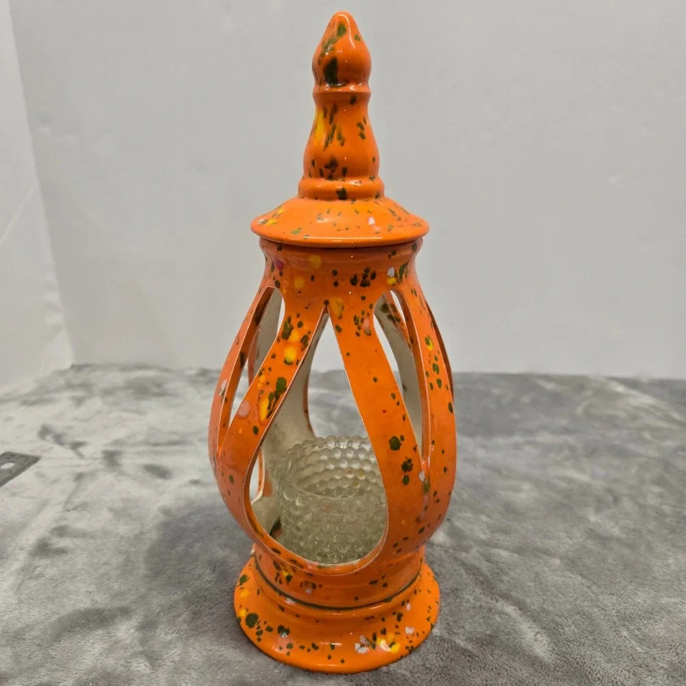 Vintage‎ Orange Splatter Ceramic Tea Light Lantern with Hobnail Glass Insert